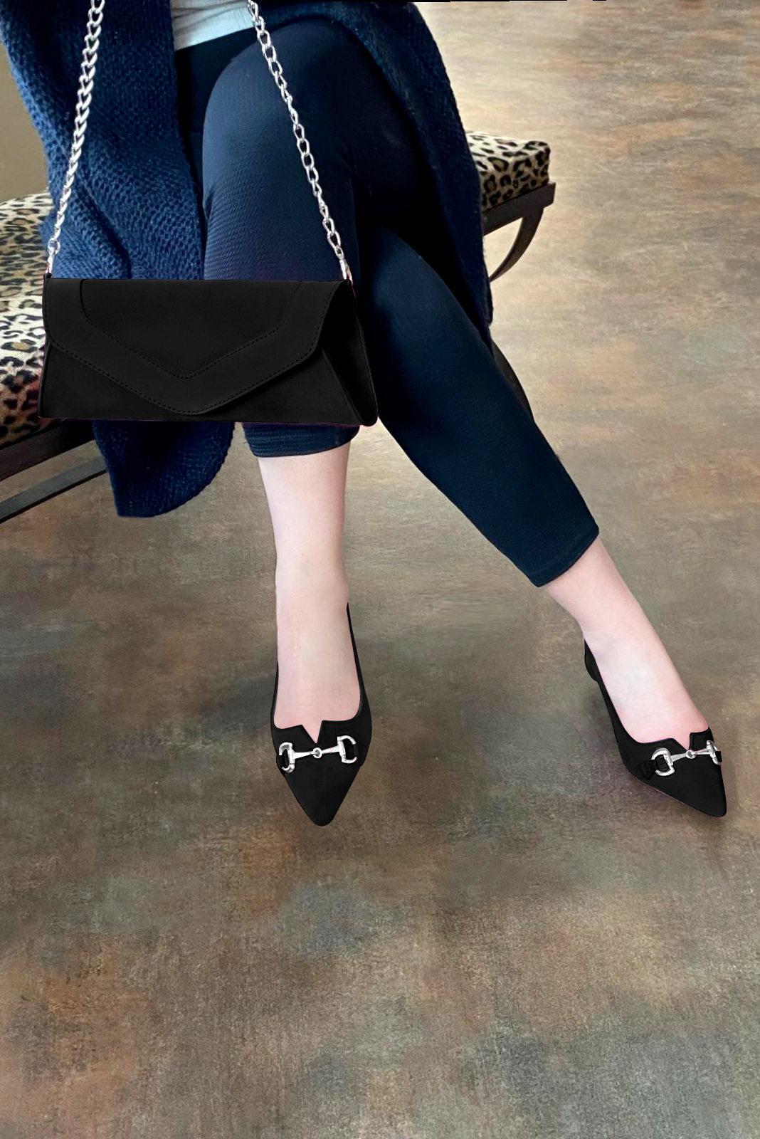 Matt black women's dress pumps,with a square neckline. Tapered toe. Low flare heels. Worn view - Florence KOOIJMAN